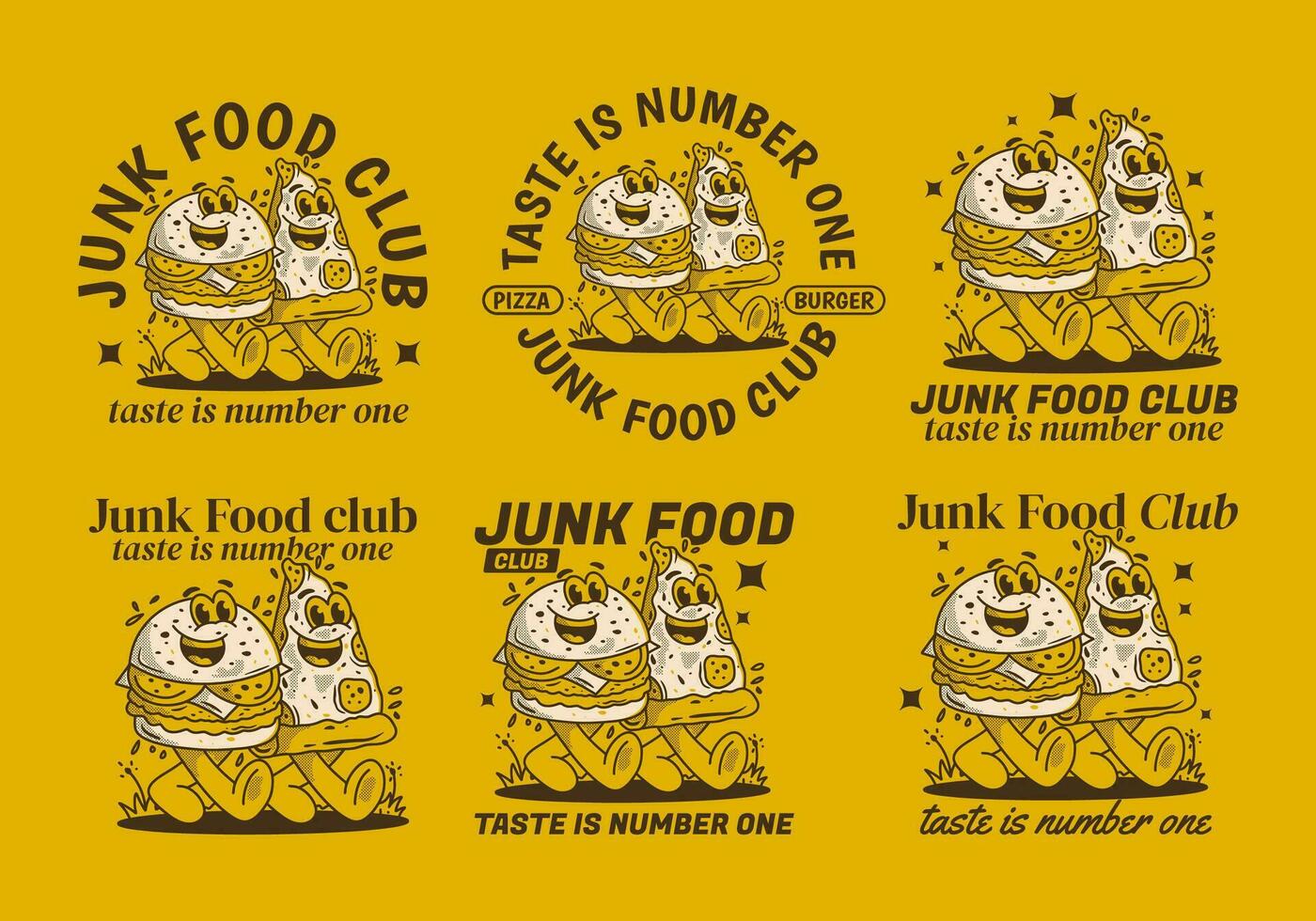 Junk Food club, taste is number one. Character illustration of walking burger and pizza vector