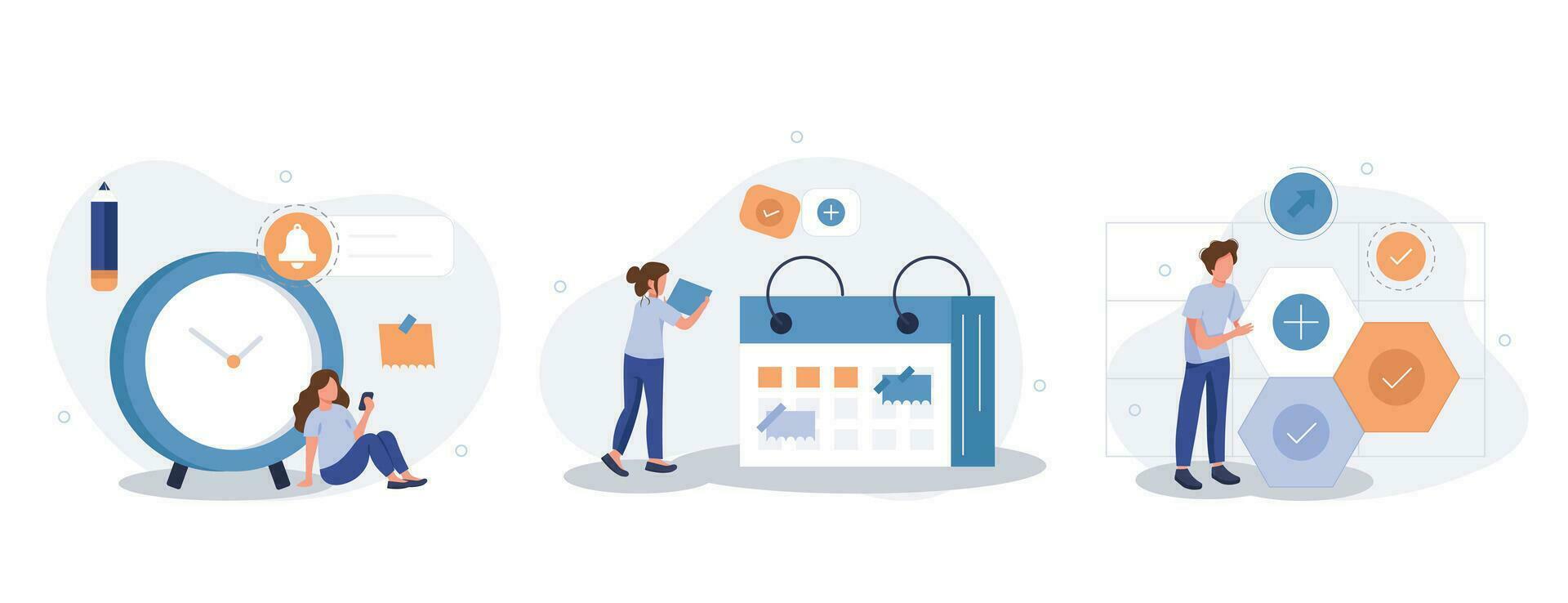 Schedule management illustration set. Business and organization concept. Characters planning and organizing work tasks, making calendar appointments and to do list. Vector illustration.