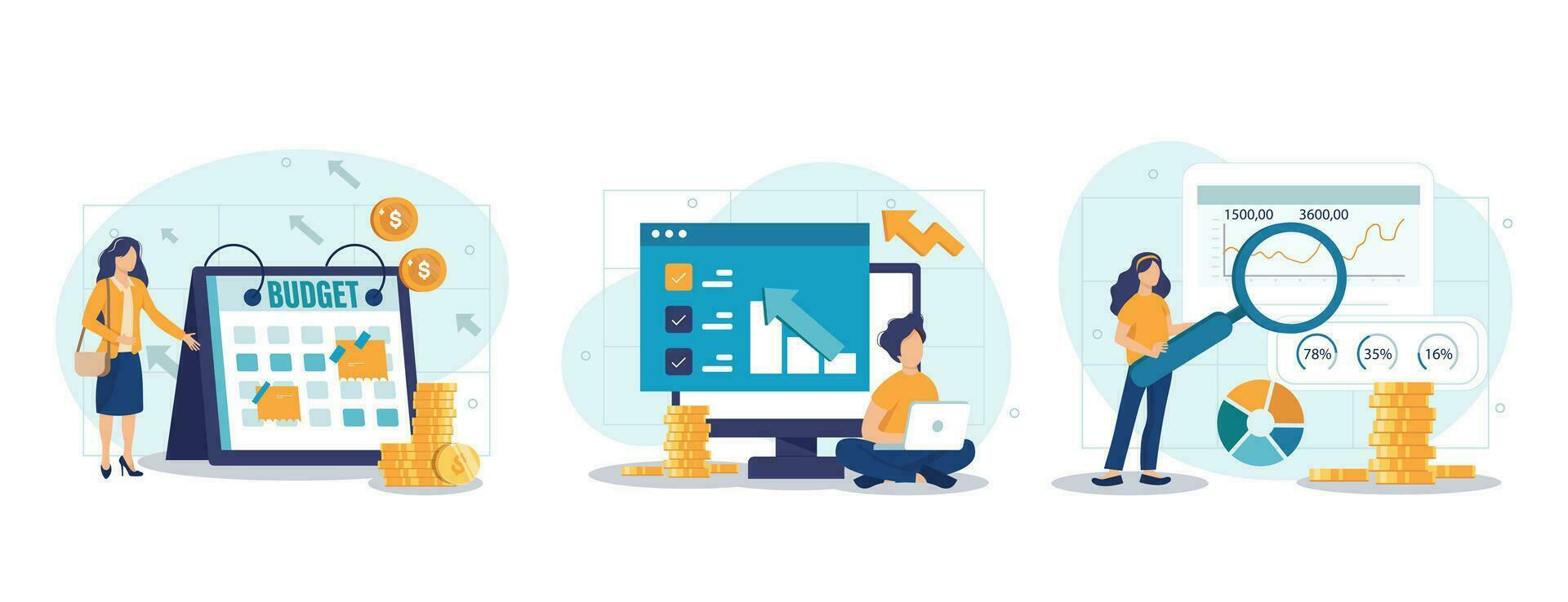 Sales performance isolated set. Financial profit growth, increase in earnings. People collection of scenes in flat design. Vector illustration for blogging, website, mobile app, promotional materials.