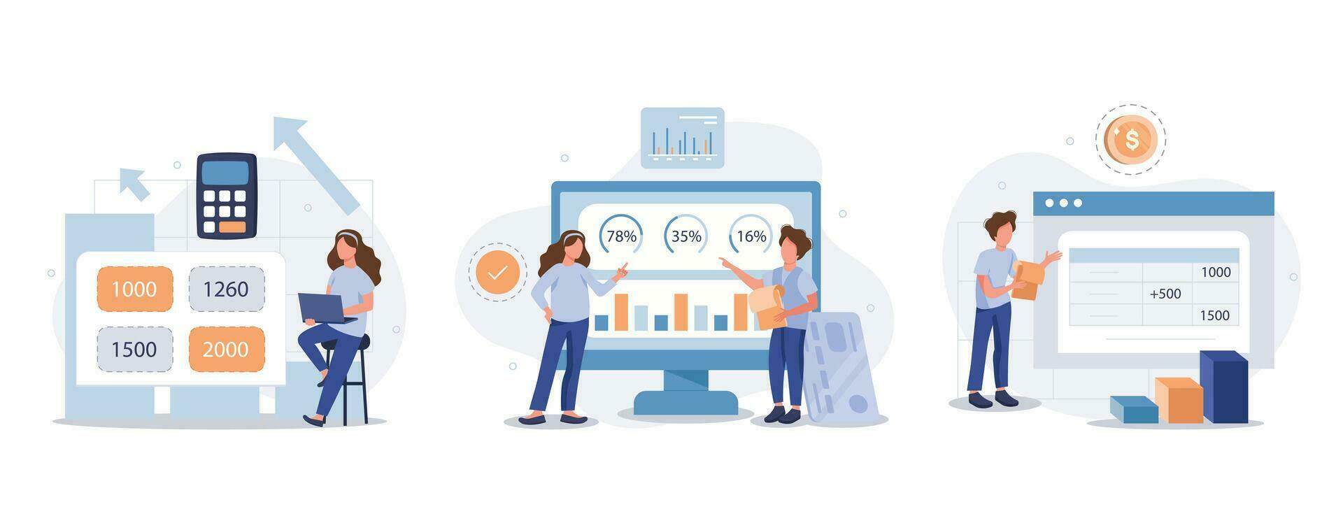 Financial report illustration set. Characters analyzing charts, balance sheet, income statement and other business data. Financial management concept. Vector illustration.