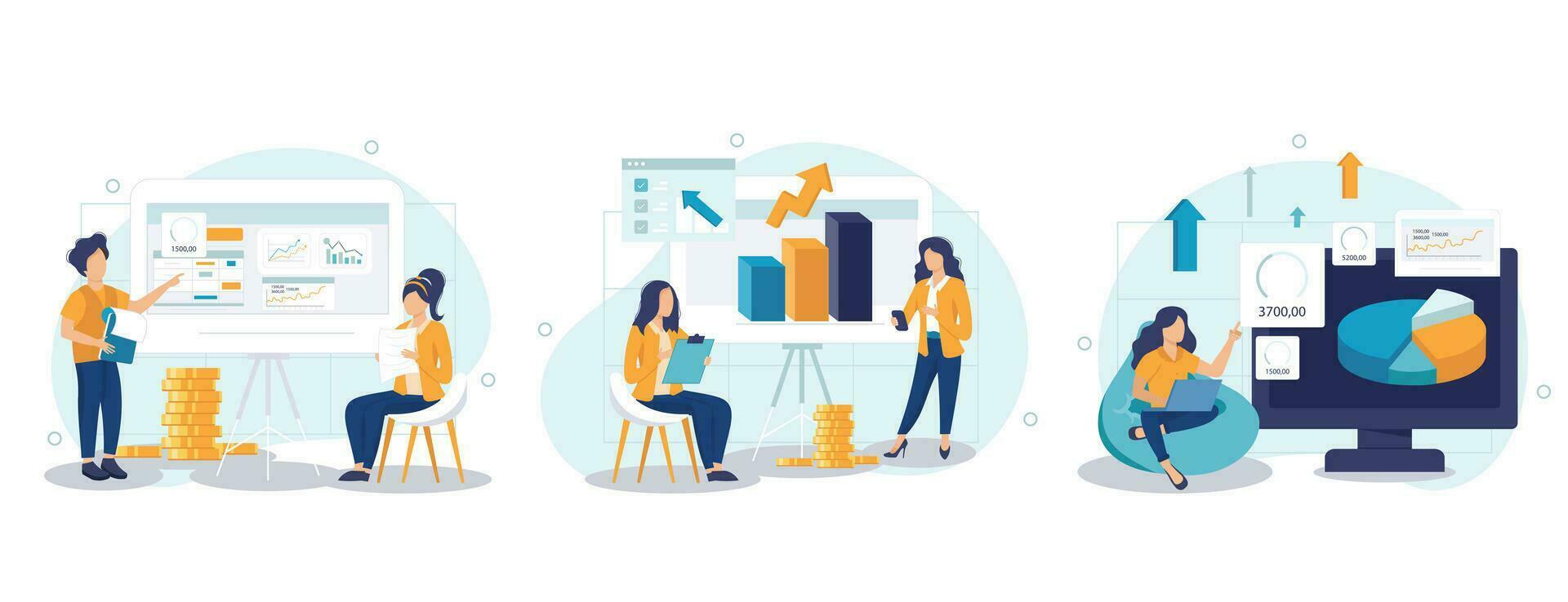 Business process concept isolated person situations. Collection of scenes with people colleagues analyze data, create success strategy, collaborate. Vector illustration in flat design