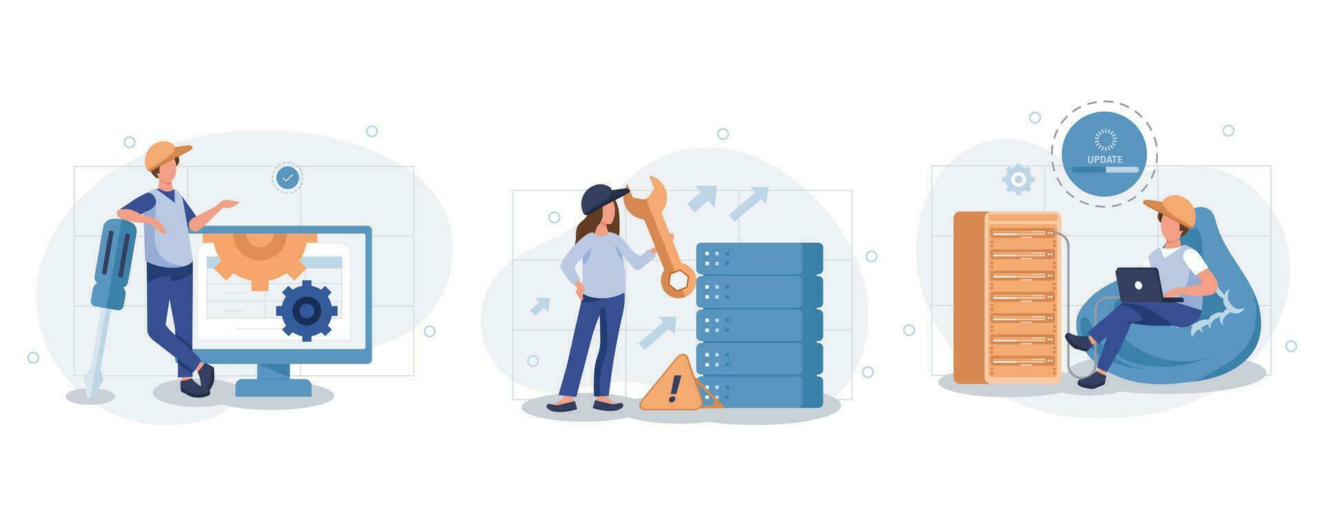 Server maintenance web concept with people scenes set in flat style. Bundle of technical work, working at server rack hardware room, engineers team repairs. Vector illustration with character design