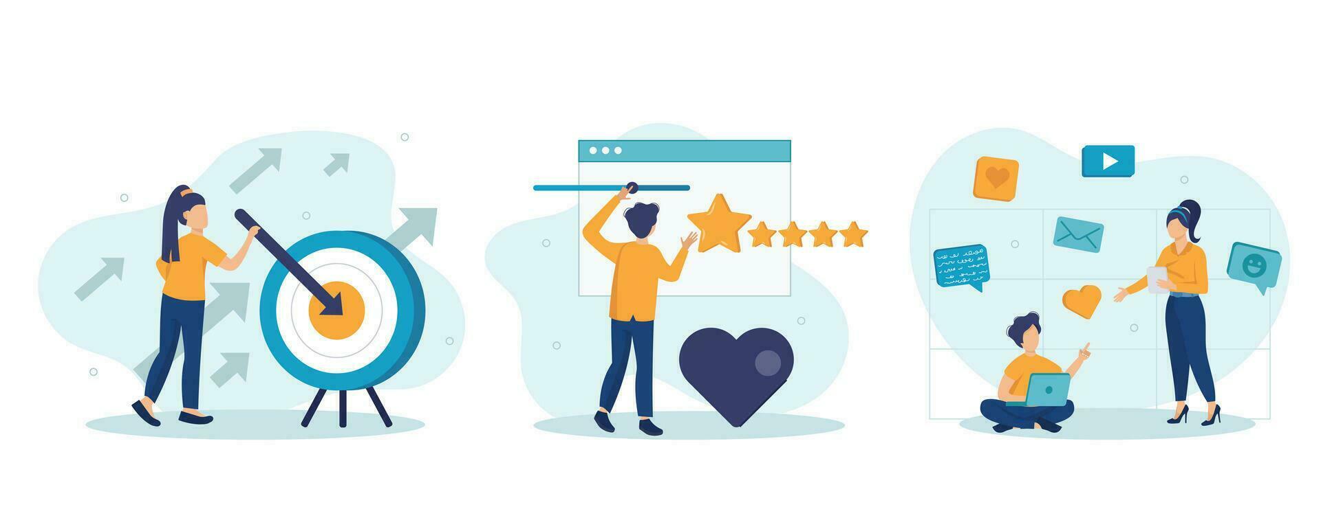 Customer feedback and user experience illustration set. Characters giving review to customer service operator, choosing emoji to show satisfaction rating and filling survey form. Vector illustration.