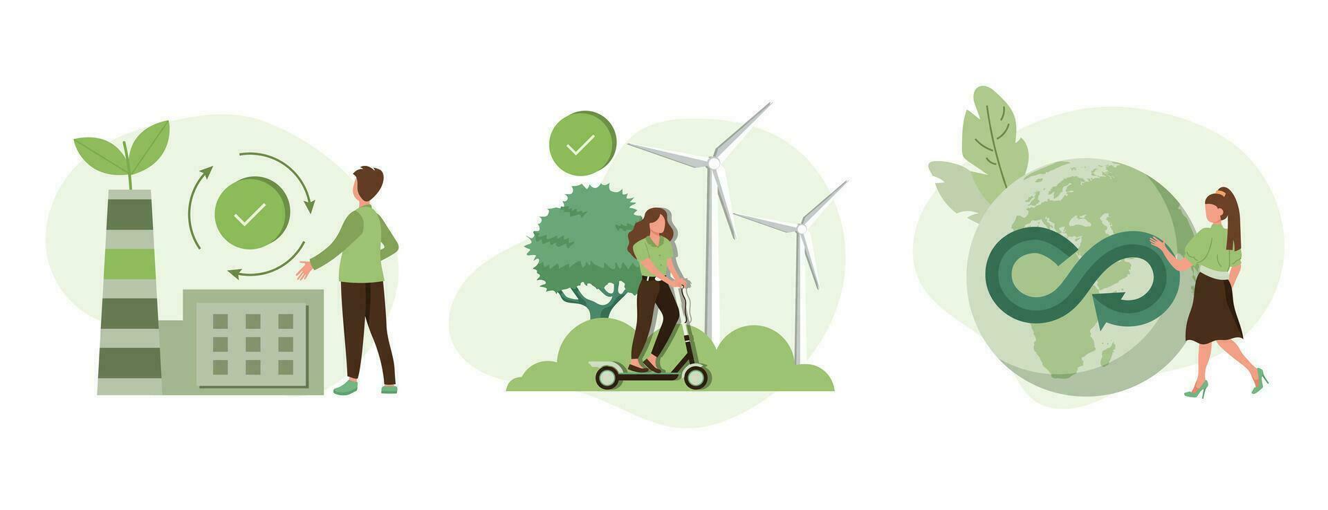 Circular economy illustration set. Sustainable economic growth with renewable energy and natural resources. Green energy, sustainable industry and manufacturing concept. Vector illustration.