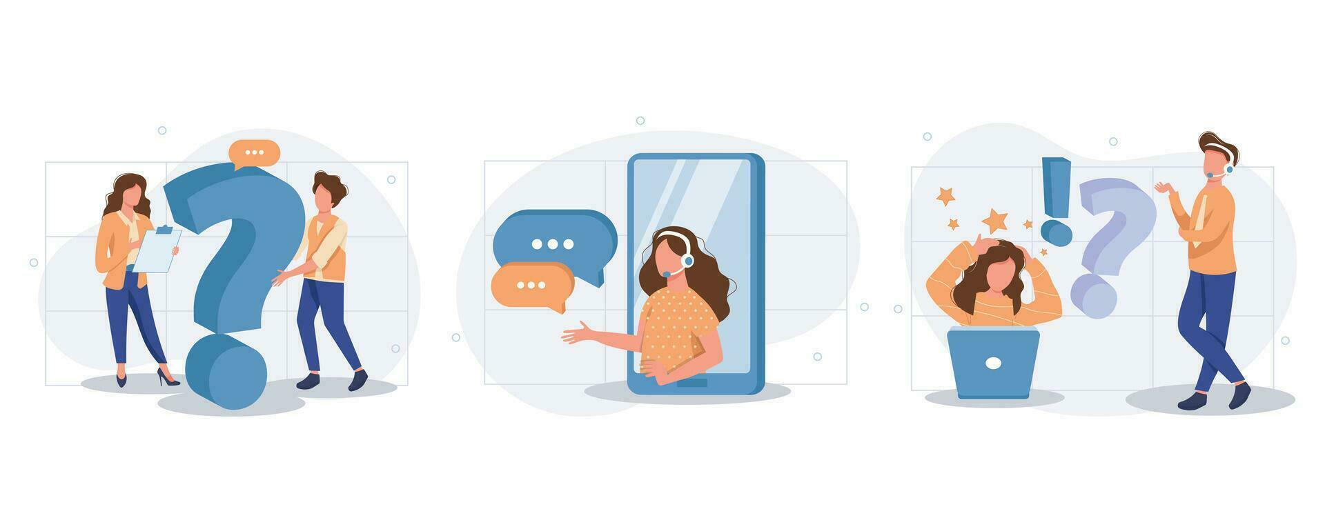 Customer support illustration set. Characters asking a questions, receiving answers from helpdesk operator, sharing user experience and giving customer feedback. Vector illustration.