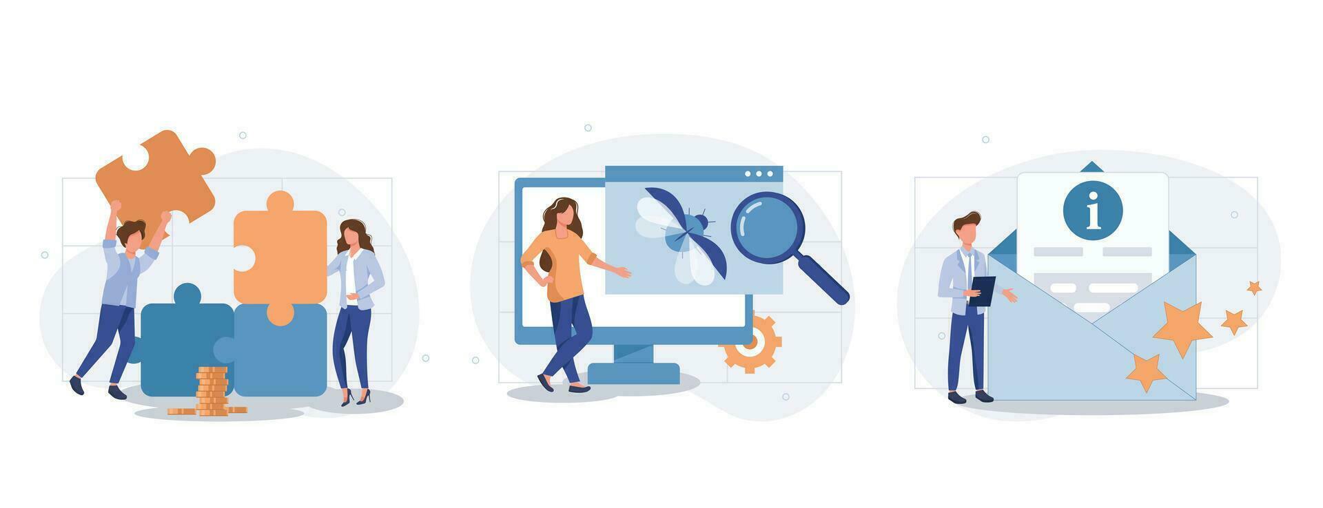 Customer experience abstract concept vector collection of scenes. Project delivery, beta testing, user guide, software development, new product launch, technical guide, helpdesk abstract metaphor