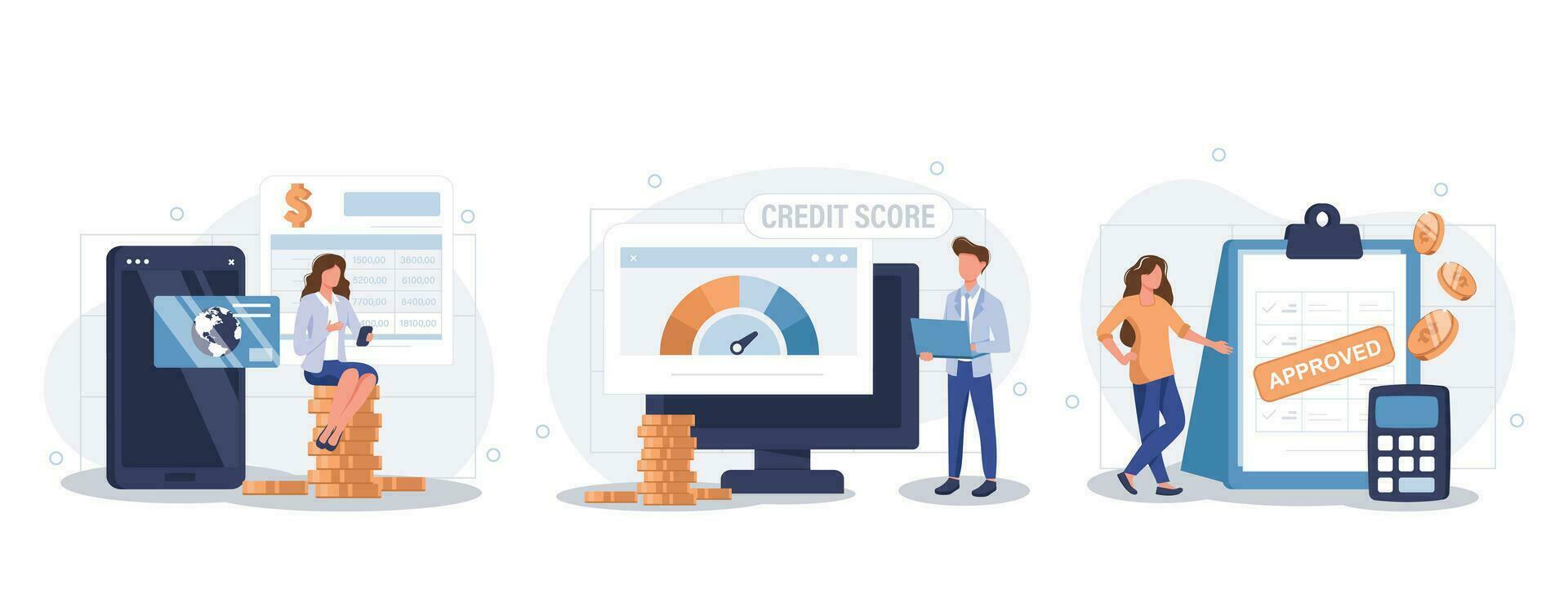 Credit approval illustration set. Characters with good credit score receiving loan approval from bank. Personal finance concept. Vector illustration.