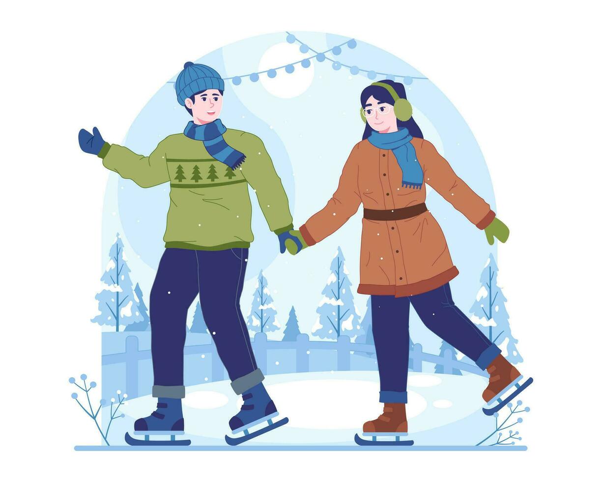 Pareja patinadores en frío clima con nieve vector