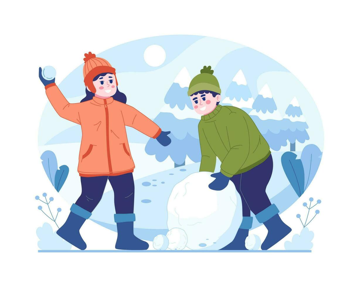 niña y chico jugando bolas de nieve en invierno vector