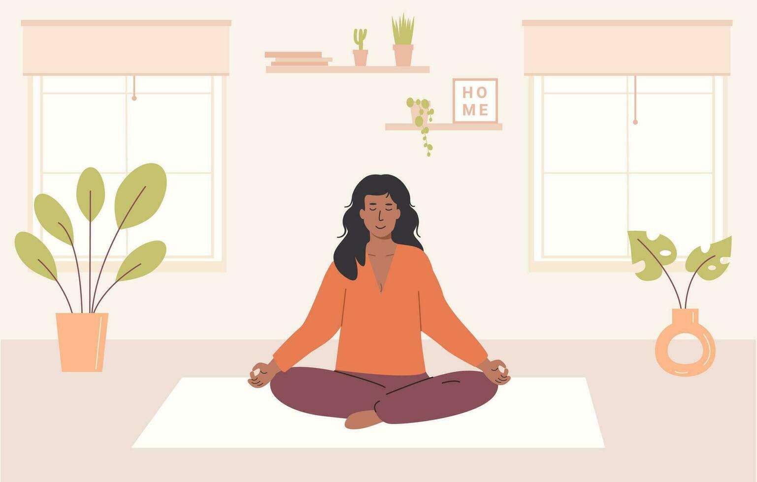 joven hembra con cruzado piernas y cerrado ojos meditando a hogar. mujer sentado con las piernas cruzadas en acogedor moderno habitación y practicando yoga o meditación. abdominal respiración espiritual práctica. vector. vector