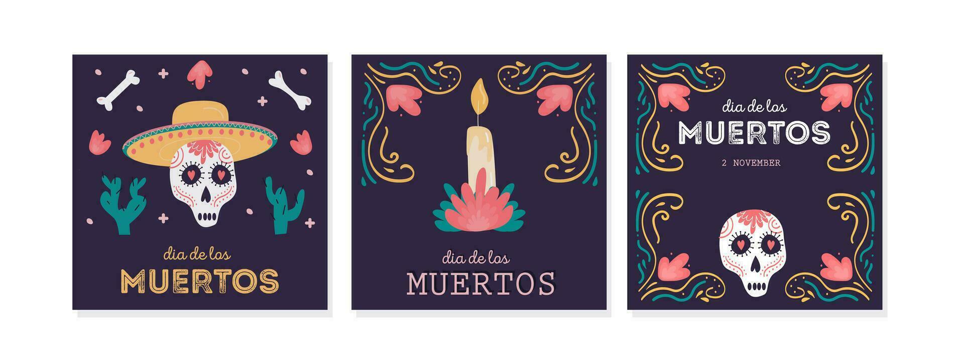 Set of social media post square cards with sugar skulls for Mexican national holiday Day of the dead. Festive banner templates for Dia de los muertos with Calavera Catrina. Vector flat illustration.