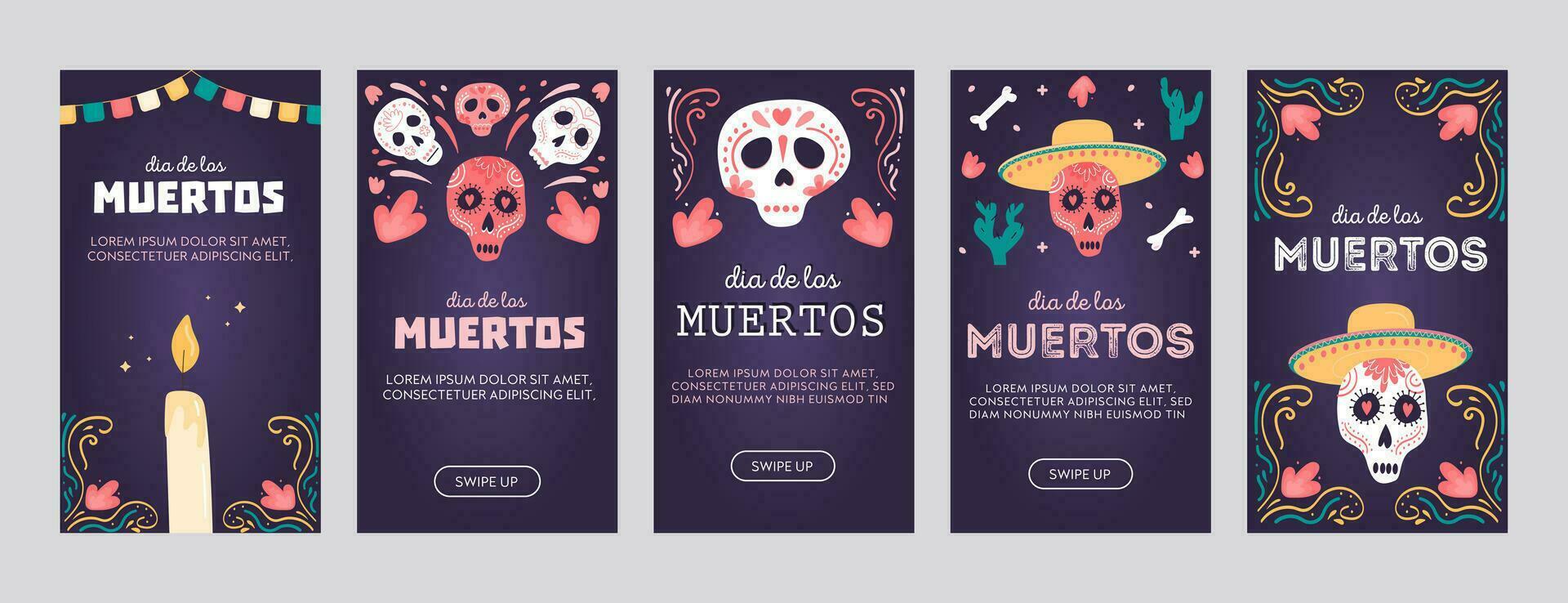 Set of social media posters or vertical cards with sugar skulls. Mexican national holiday Day of the dead. Festive templates for Dia de los muertos decorated with Calavera Catrina. Vector illustration
