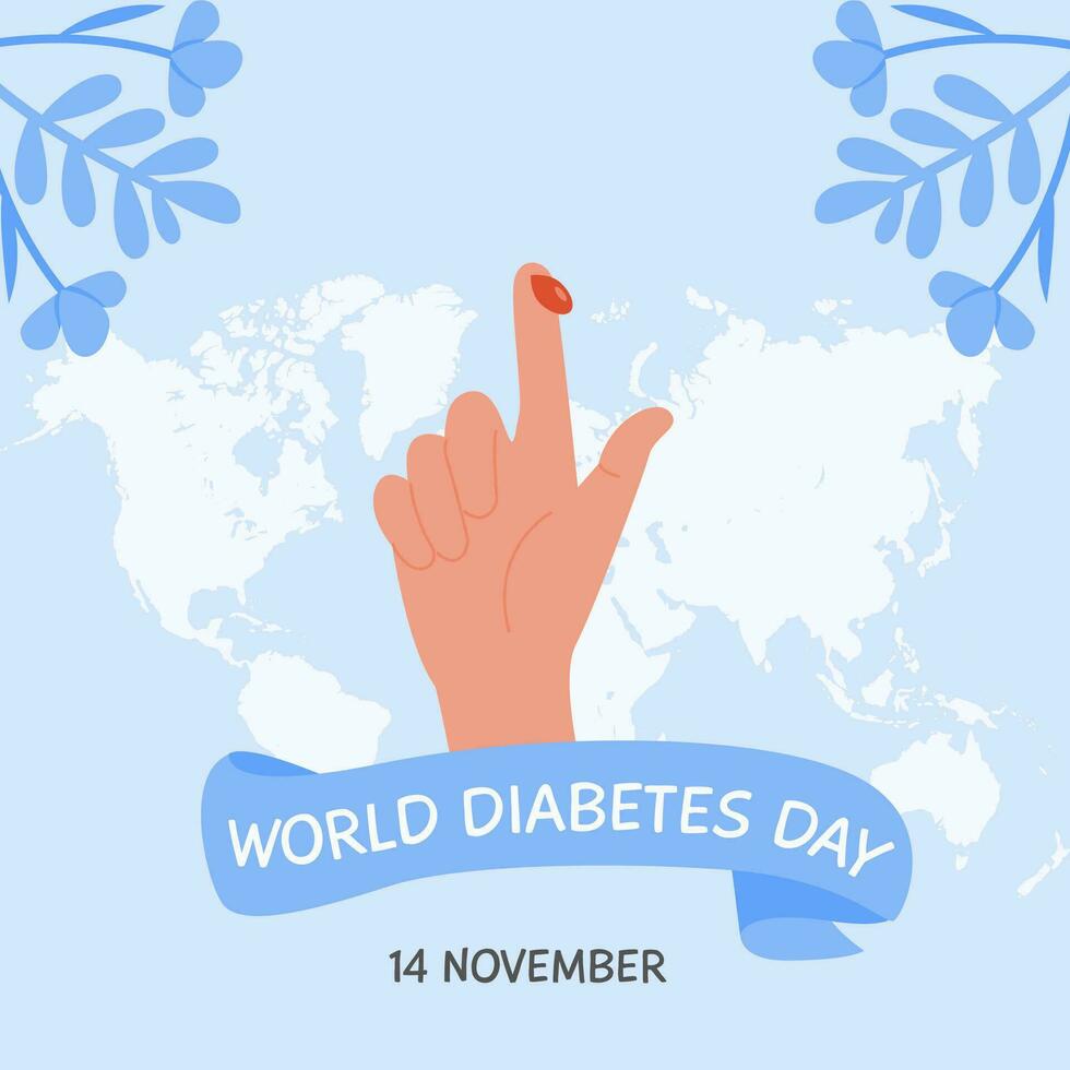 Social media square banner template for World Diabetes day. Human finger with blood drop on background with world map. Greeting card. Vector flat illustration.