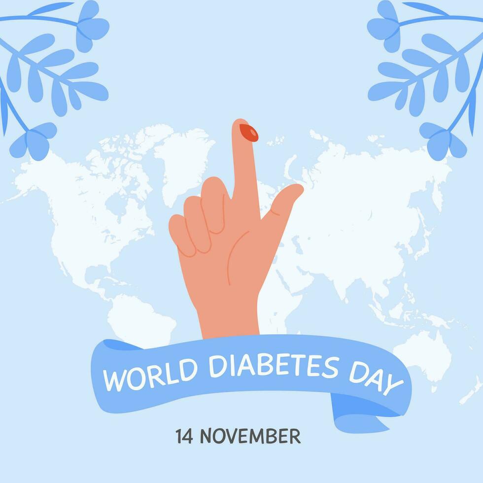 social medios de comunicación cuadrado bandera modelo para mundo diabetes día. humano dedo con sangre soltar en antecedentes con mundo mapa. saludo tarjeta. vector plano ilustración.