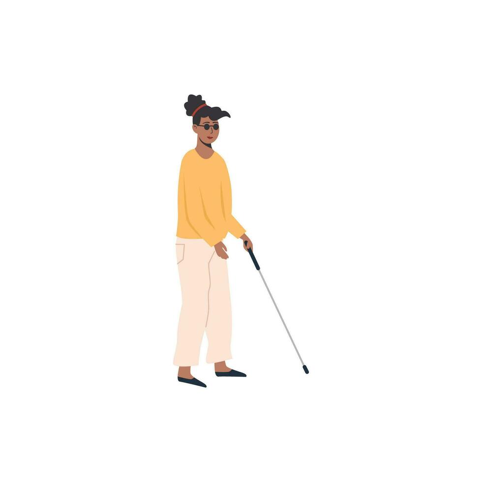 Blind person in glasses walking. Disabled african female with cane stick. Flat style characters. Vector illustration.