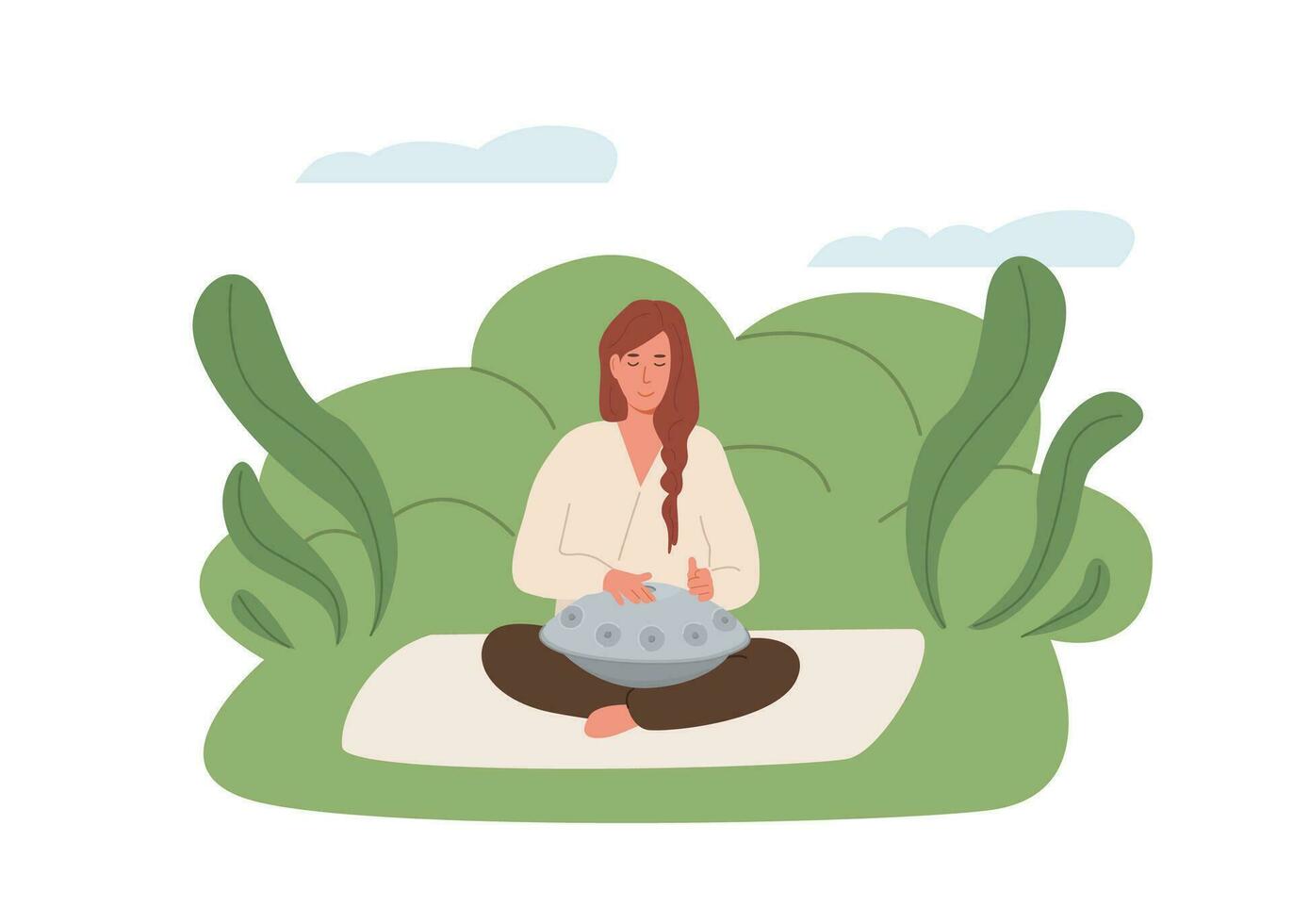 Young girl boy playing hang drum. Female male person with traditional folk handpan musical instrument. Spiritual women with hand pan percussion music instrument. Vector character on background.