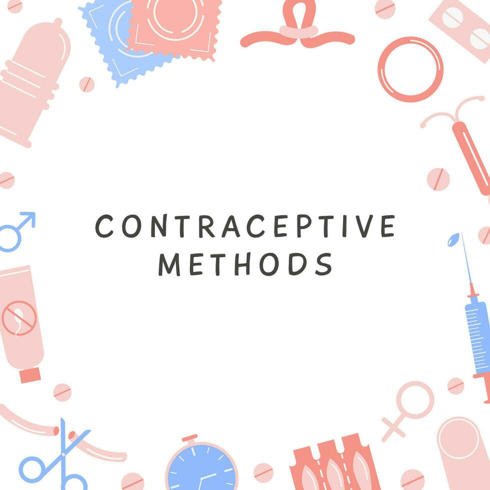 Birth control methods square banner with place for text. Frame or border with contraception colored flat icons. Safe sex contraceptive items in circle. Vector card illustration in flat style.