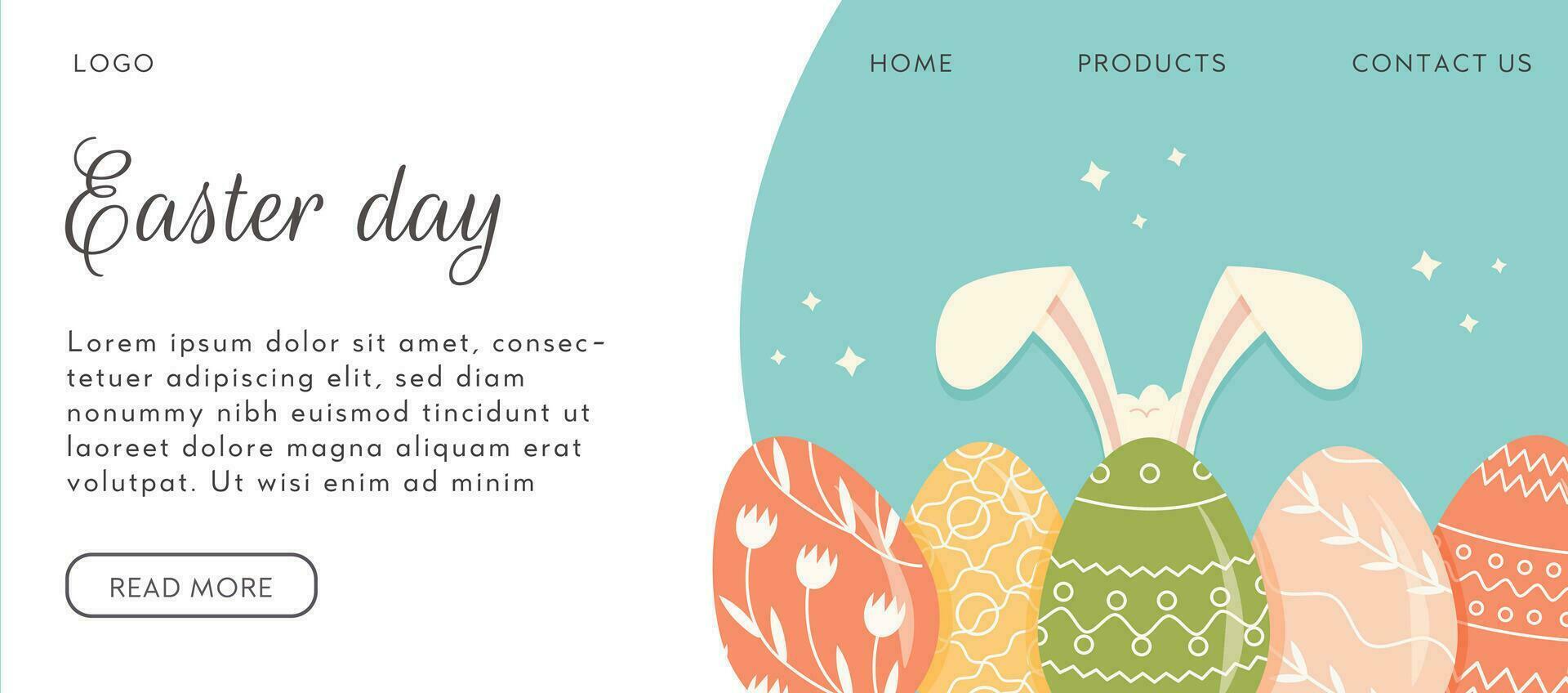 Festive frame template with trendy outlined geometric pattern on Easter Eggs. Decorative horizontal banner with Easter eggs on blue background. Vector border for holiday with place for text.