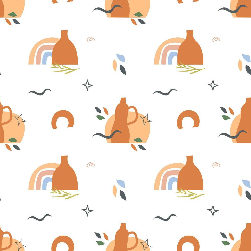 Boho art aesthetic seamless pattern with autumn arrangements of ceramic vases with dry leafs and plants. Repeatable background with pumpkin, rainbow and abstract shapes. Flat style vector illustration