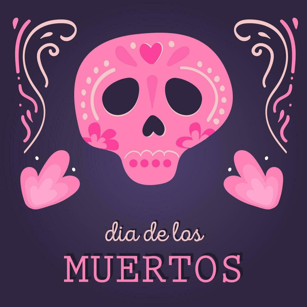 decorativo cuadrado tarjeta con azúcar cráneo vistiendo sombrero mexicano nacional fiesta día de el muerto. festivo modelo para dia Delaware los muertos decorado por huesos, flores y cactus. vector ilustración.