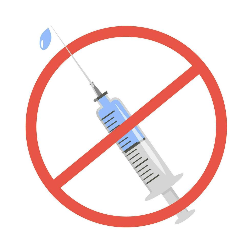 A bottle with vaccine and red forbidden sign. Anti-vaccination protest. Rejecting preventive medicine. Covid-19 Vaccine refusal. Coronavirus conspiracy . Isolated Vector illustration in flat style.