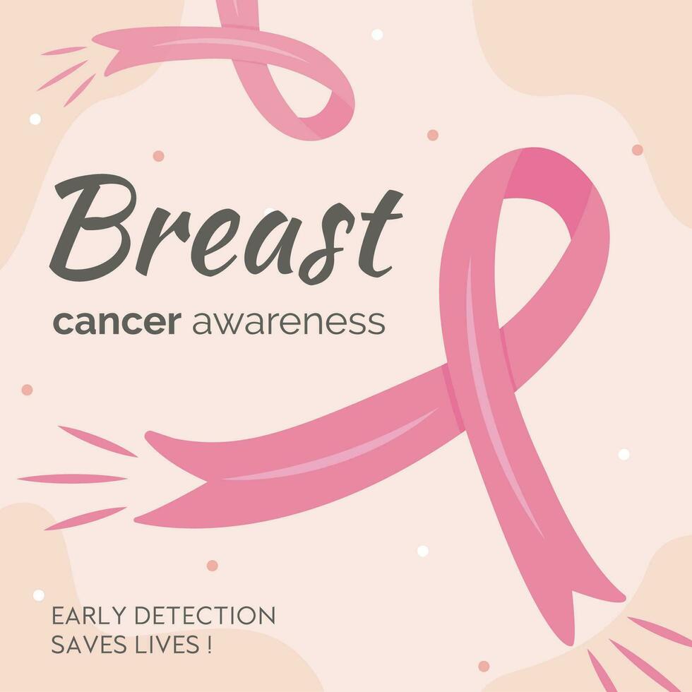 Breast Cancer awareness month card. Vector square banner template with pink cartoon ribbons. Mammary cancer solidarity campaign. Early detection saves lives caption. Illustration in flat style.