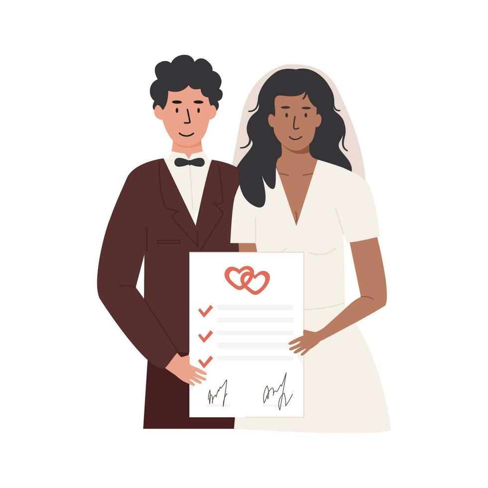 A groom and bride holding signed marriage contract. Happy married couple with prenup document. Newlywed with prenuptial agreement and marriage certificate. Vector illustration isolated on white.