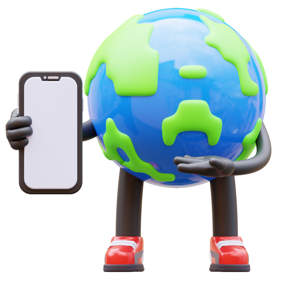 Earth character presenting blank smartphone screen png