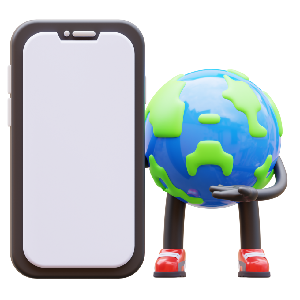 Earth character presenting blank smartphone screen png