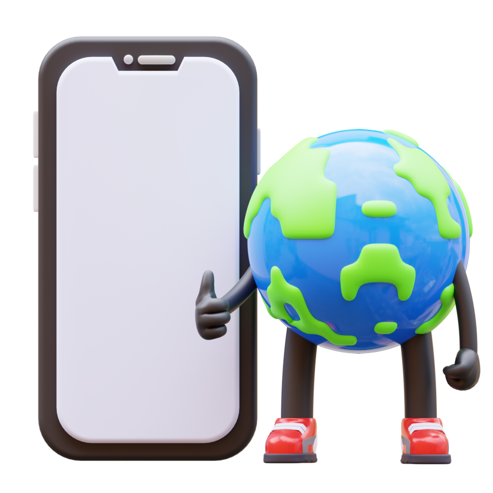 Earth character presenting blank smartphone screen png