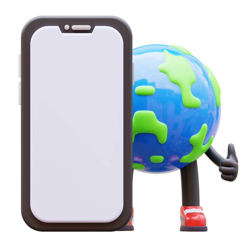 Earth character presenting blank smartphone screen png