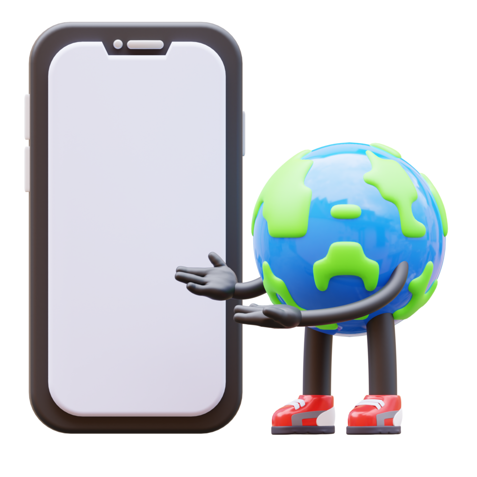 Earth character presenting blank smartphone screen png