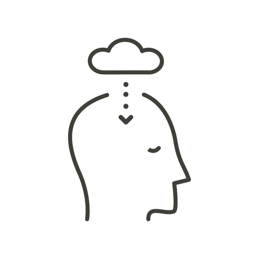 Vector outline icon of head with cloud storage and arrow. Machine Learning, Artificial Intelligence, Cloud Computing and Networks Design Concept. Seasonal Affective Disorder.