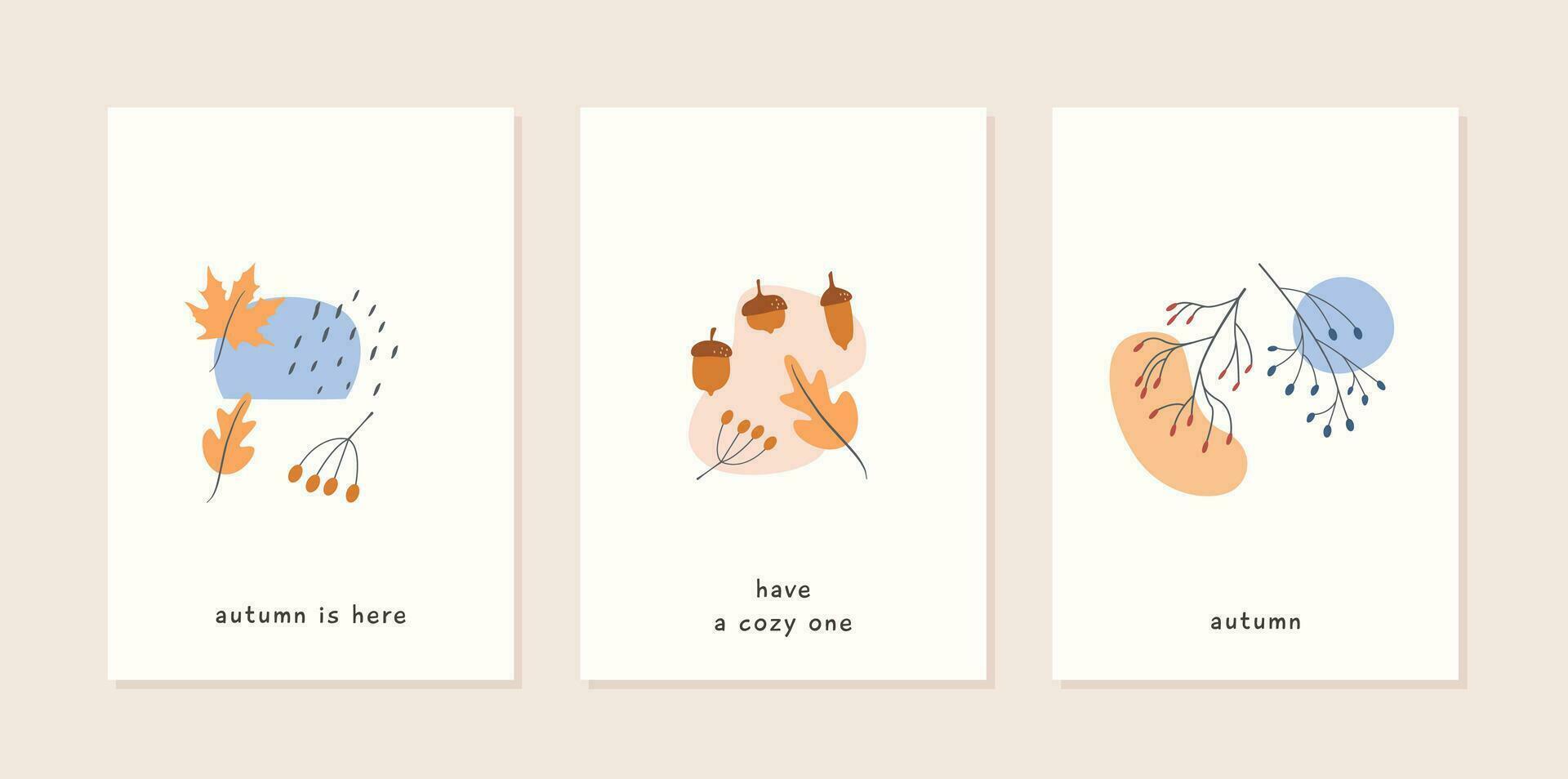 Set of autumn mood abstract greeting card templates with different shapes pumpkins, leaves and geometric shapes. Trendy minimal thanksgiving poster. Fall season harvest nature. Vector illustration.