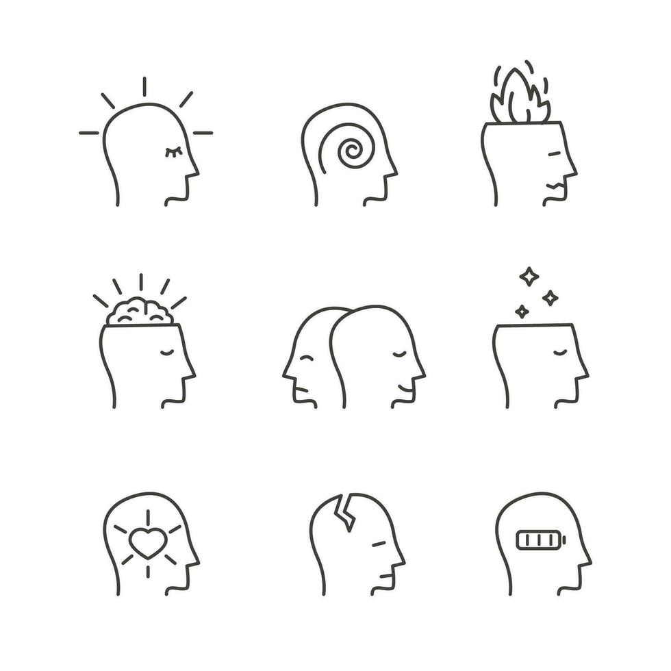 Set of head icons with different emotional state. Mental health problems and medical therapy. Concept of psychotherapy, psychological disorders. Vector collection of outline doodle style signs .