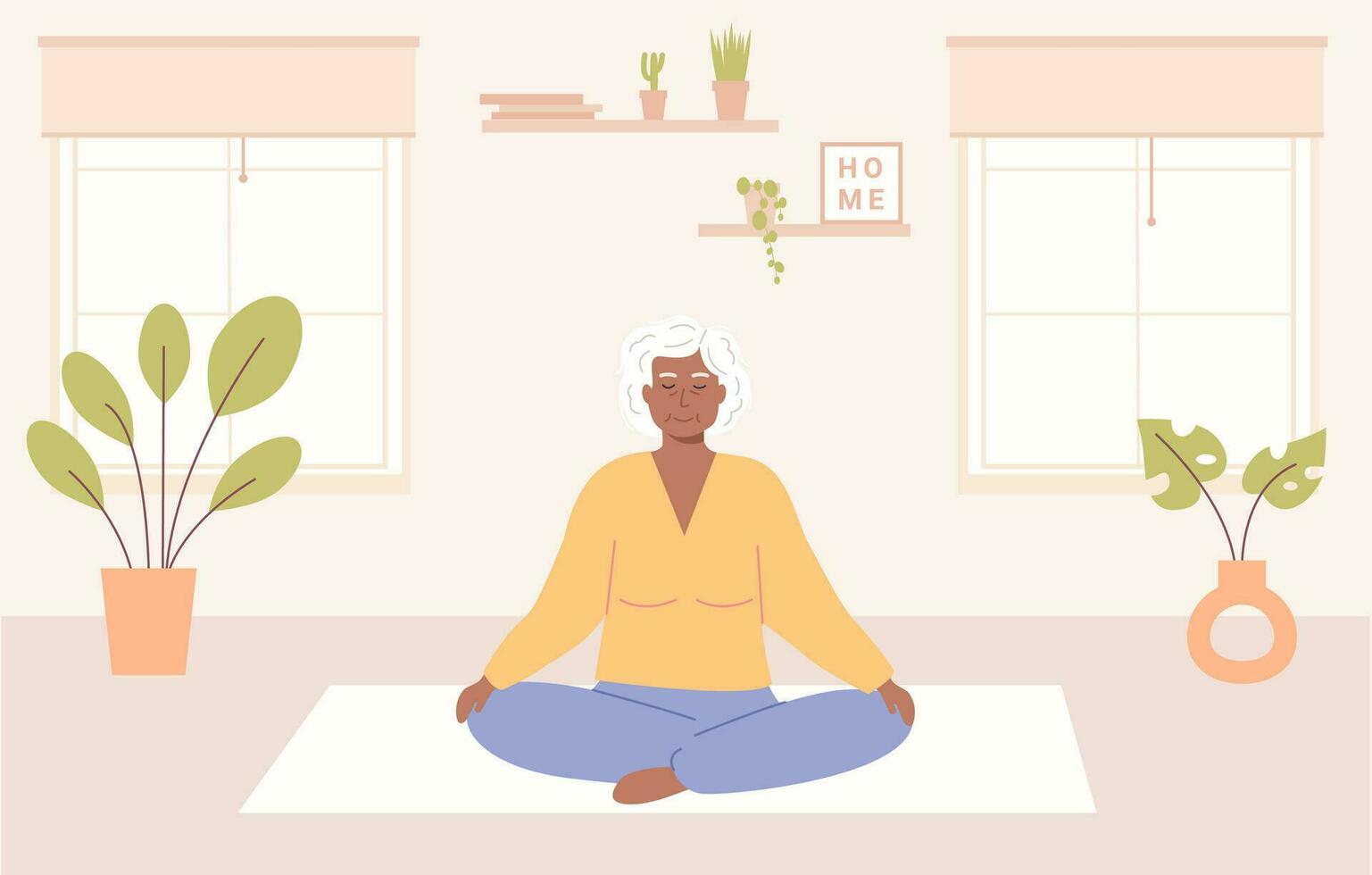 Modern elderly african woman with crossed legs and closed eyes meditating at home. Senior old granny sitting in cozy room and practicing yoga, mindfulness meditation, breath control exercises. Vector. vector