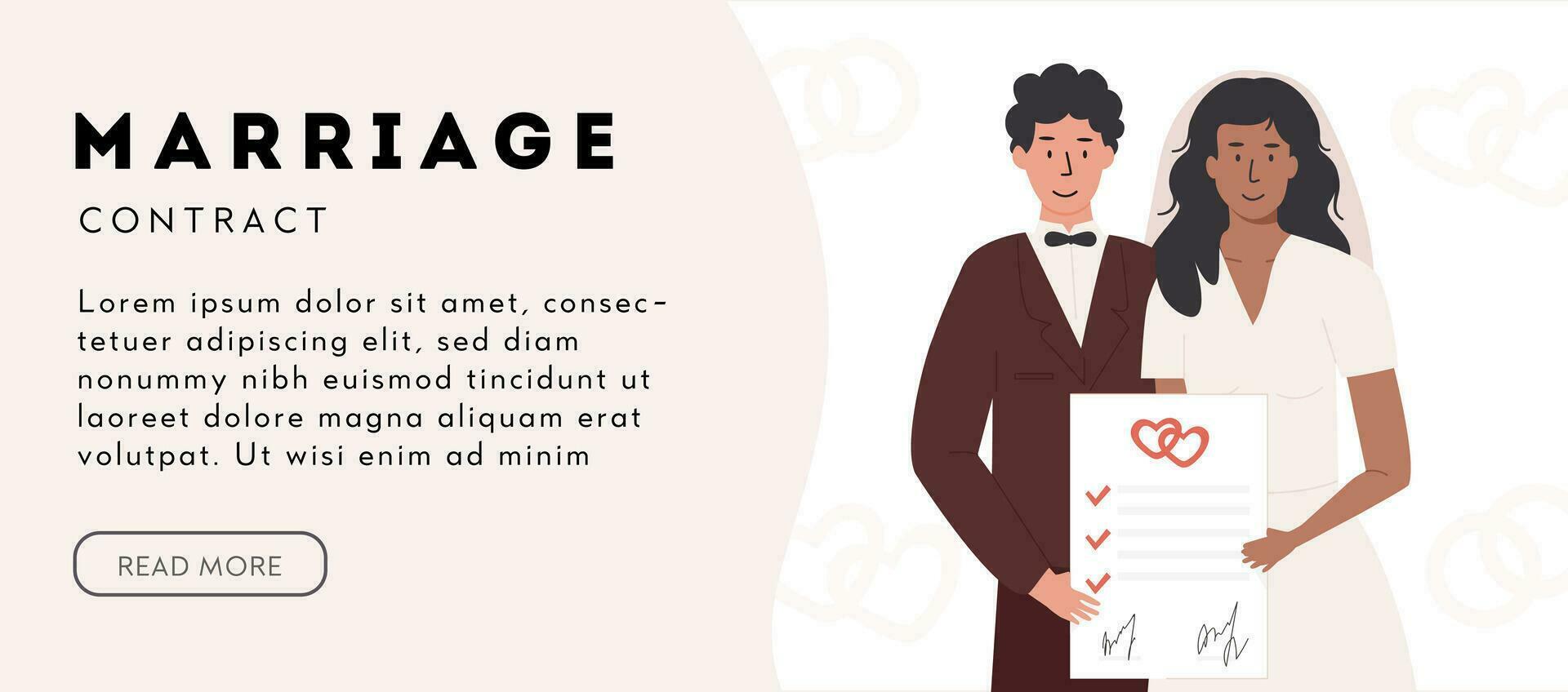 A groom and bride holding signed marriage contract. Interracial married couple with prenup document. Newlywed with prenuptial agreement marriage certificate on tropical background. Vector illustration