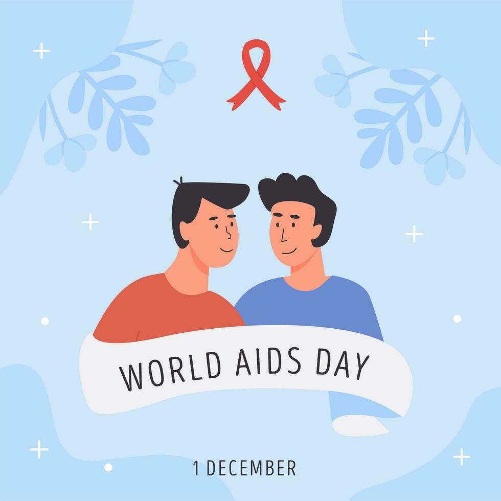 World AIDS Day card. Gay couple with red awareness ribbon. HIV and AIDS symbol or emblem. Social media post or banner template. Vector illustration in flat style.