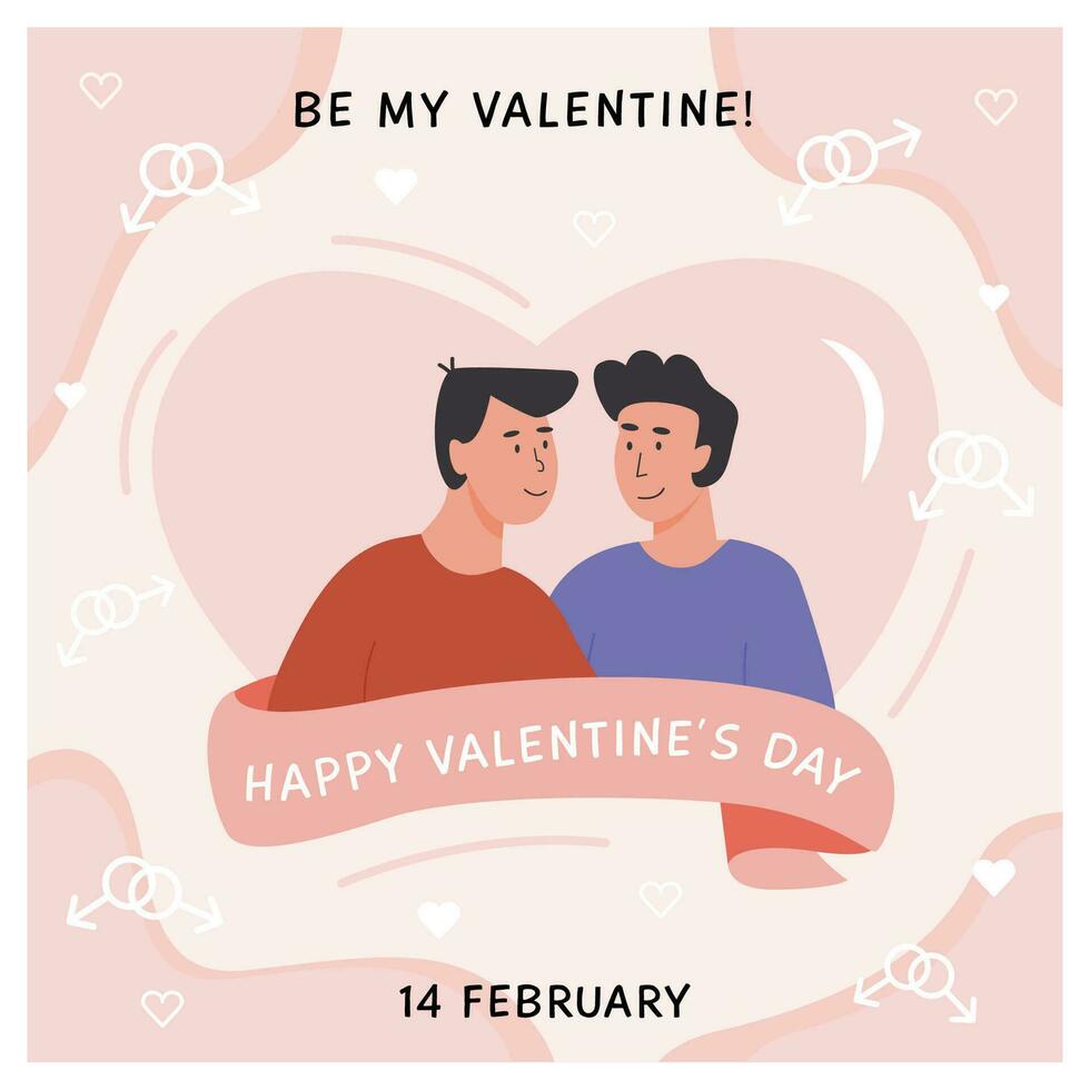 Valentines day square greeting card template for social media. Gay couple. Portrait of cute young couple. Homosexual romantic partners. Vector flat style illustration.