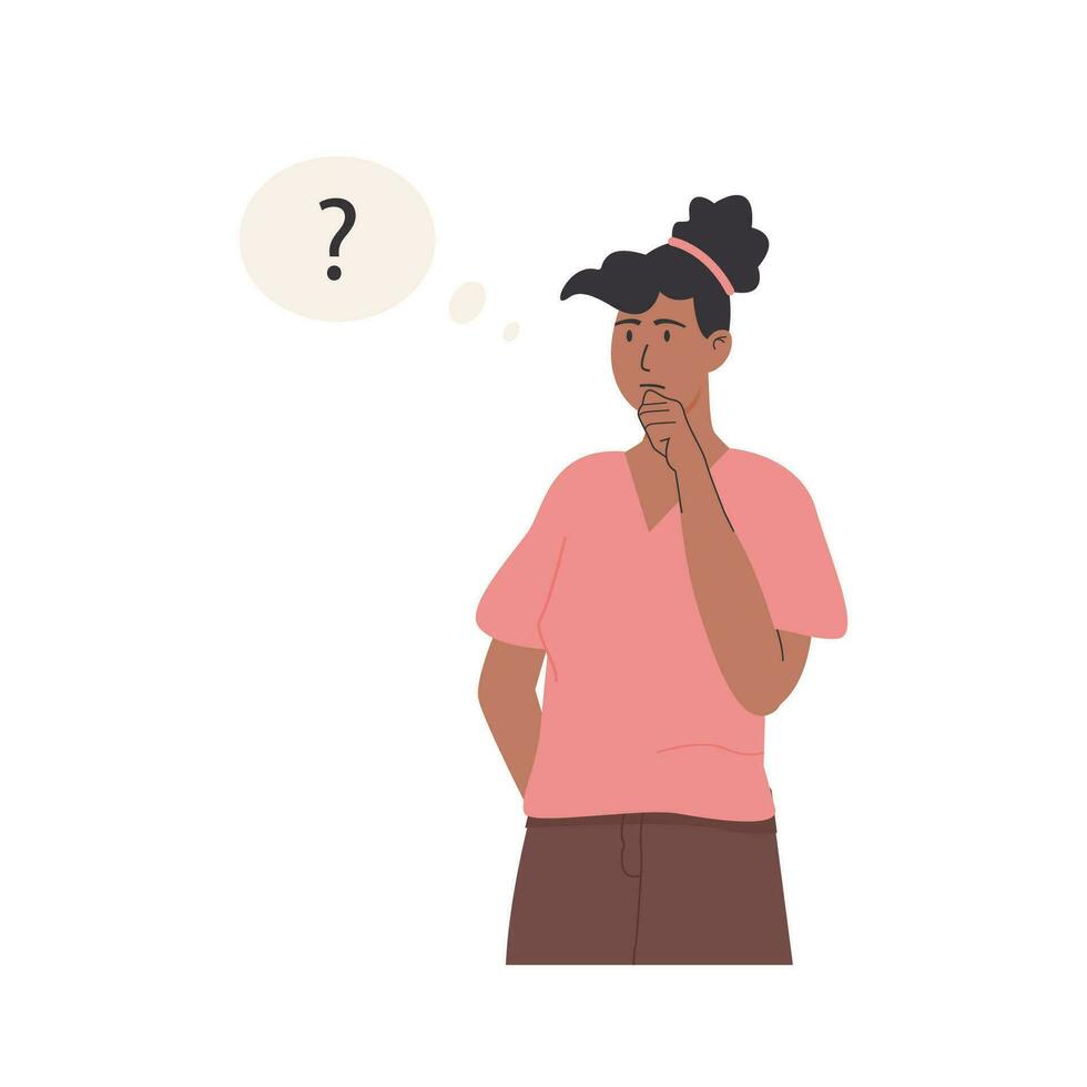 Thinking character. Portrait of thoughtful person with question mark. Young woman solving problem, making decision. Flat style vector illustration.