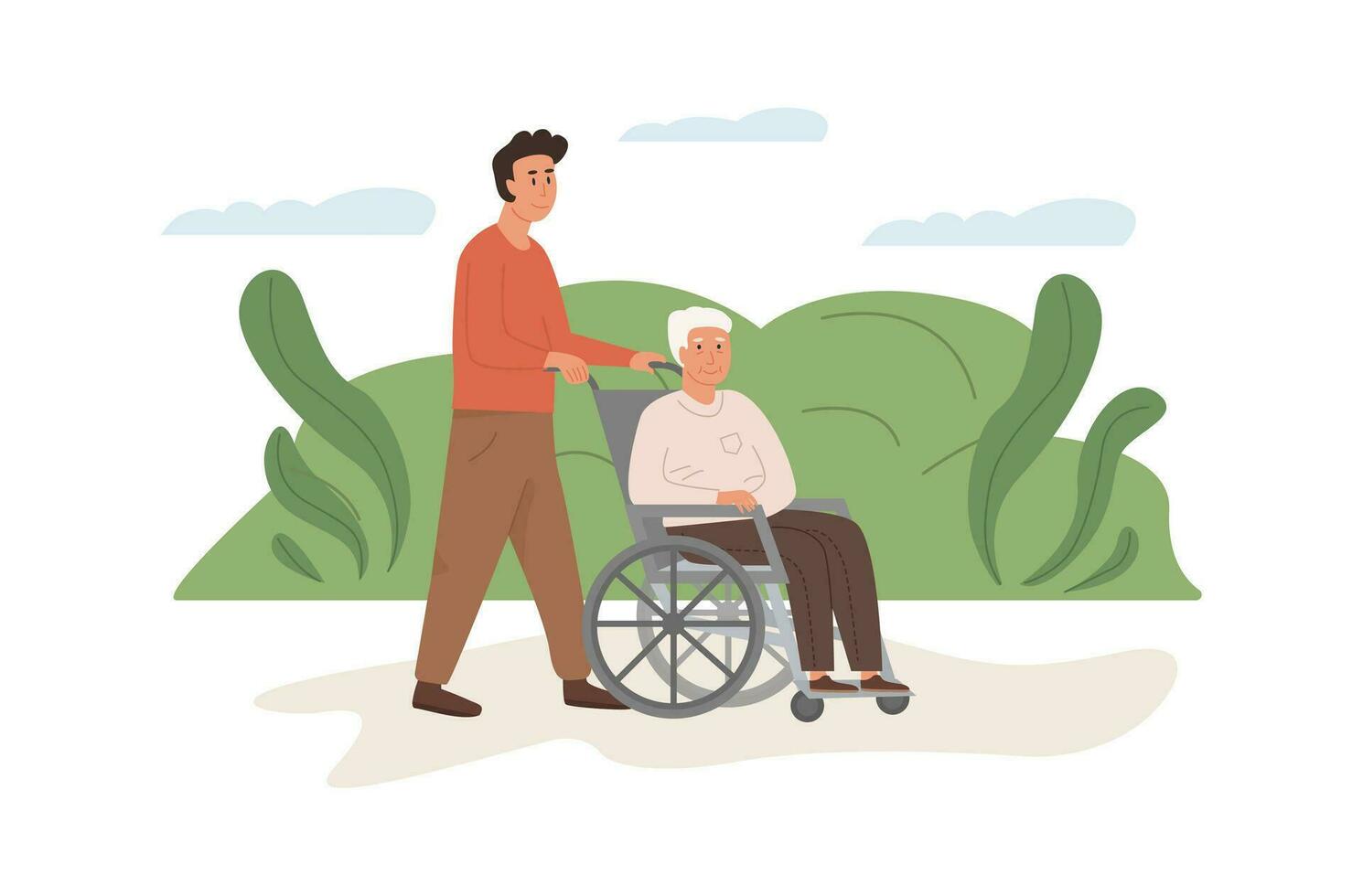 A caretaker and old age man on wheelchair outdoors. Volunteer helping elderly man. Scene of social worker with senior person in nature. Nursing or retirement home services. Vector flat illustration.