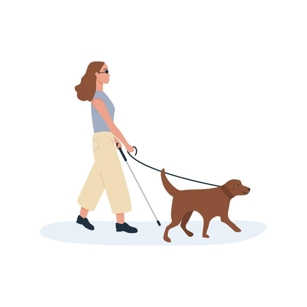 A guide dog with blind person walking together. Set of people with disability using help of dog. Collection of flat style characters. Vector illustration.