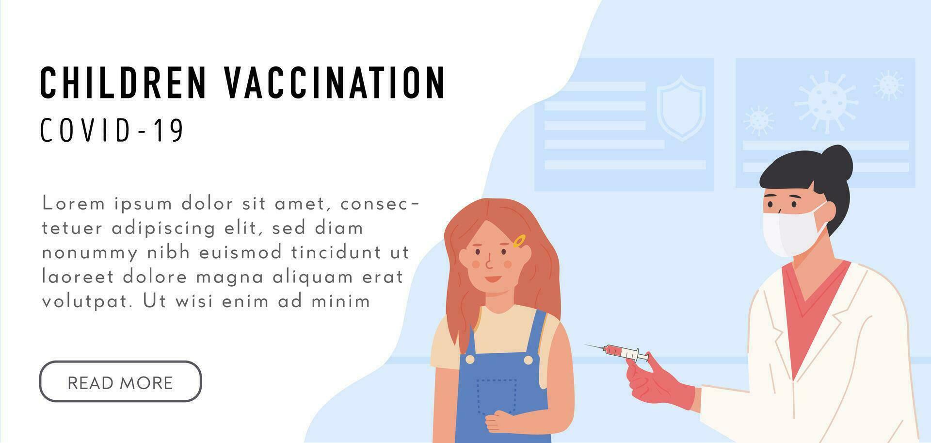 School Vaccination concept. Banner with caption Children Vaccination. A schoolgirl getting a shoot. A nurse or doctor wearing face mask and holding syringe with vaccine jab. Vector illustration.