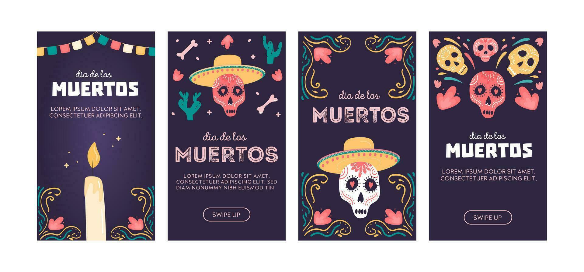 Set of social media posters or vertical cards with sugar skulls. Mexican national holiday Day of the dead. Festive templates for Dia de los muertos decorated with Calavera Catrina. Vector illustration