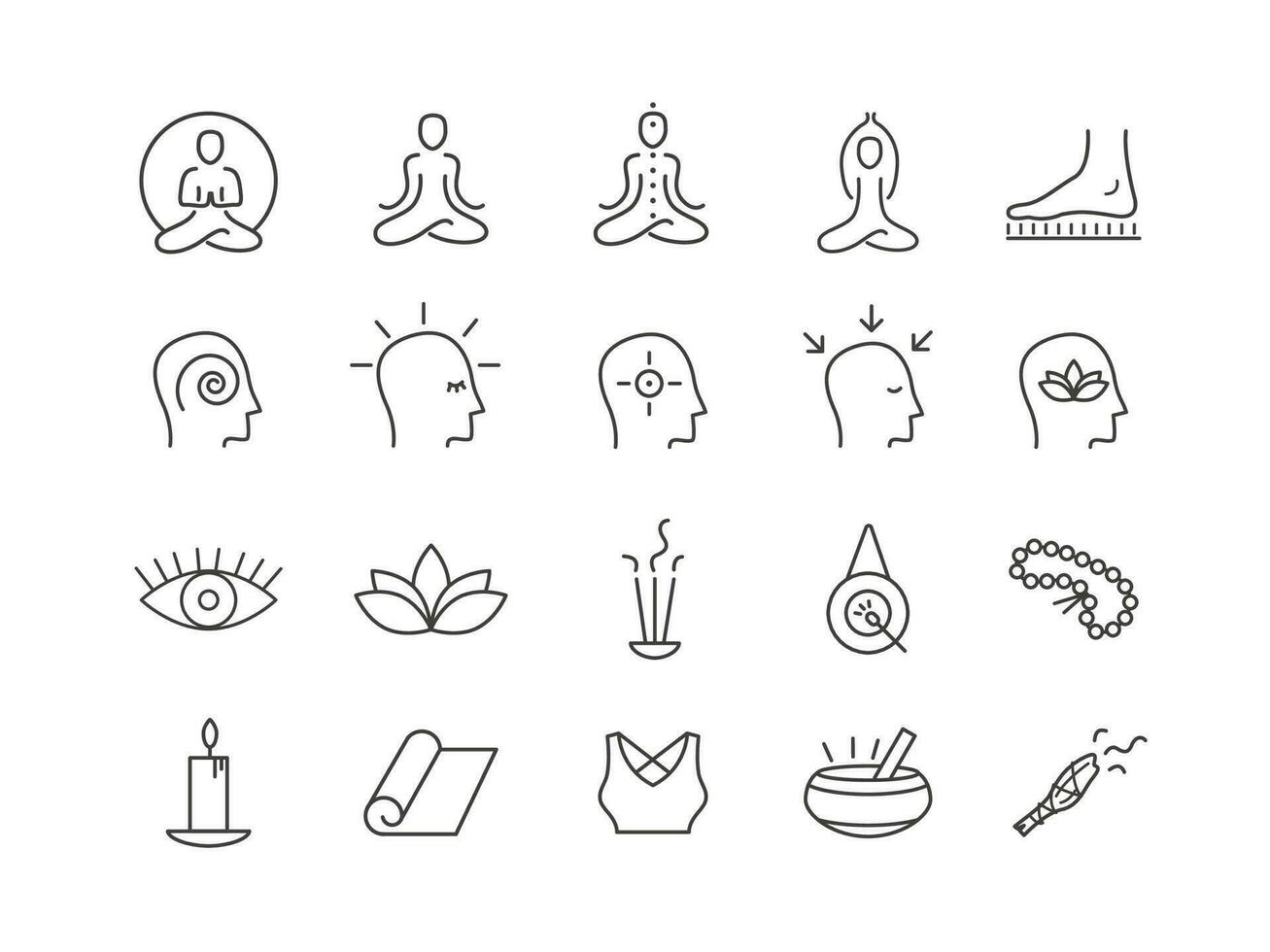 Mindfulness and meditation concept vector outline icons set. Collection of elements for self-awareness, emotional balance and spiritual practices.
