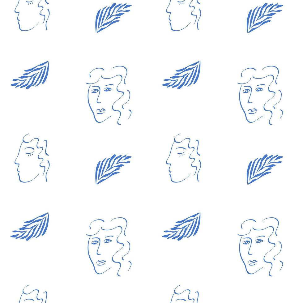 Trendy seamless pattern with abstract cut out Matisse inspired shapes and human face. Portrait and geometric shapes in simple flat design on white background. vector