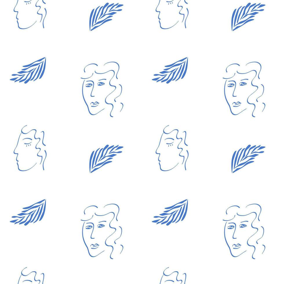 Trendy seamless pattern with abstract cut out Matisse inspired shapes and human face. Portrait and geometric shapes in simple flat design on white background. vector