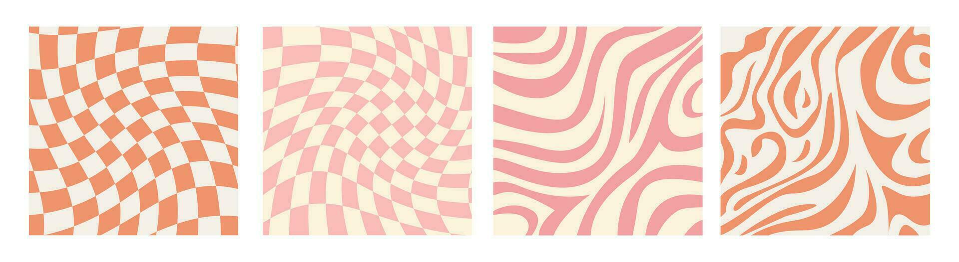 Social media ad post in funky psychedelic design. Retro 60s 70s aesthetic backdrops, vintage wavy liquid distorted backgrounds. Set square posters in Y2K style. Ig banner template. Vector illustration