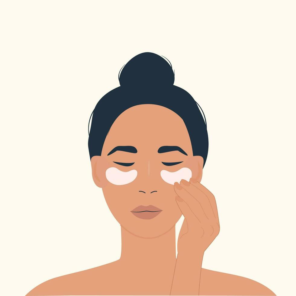 A female character using eye patches. Skin care routine. Facial beauty products for anti-aging. Women taking care of her face. Colored vector illustration isolated on white background.