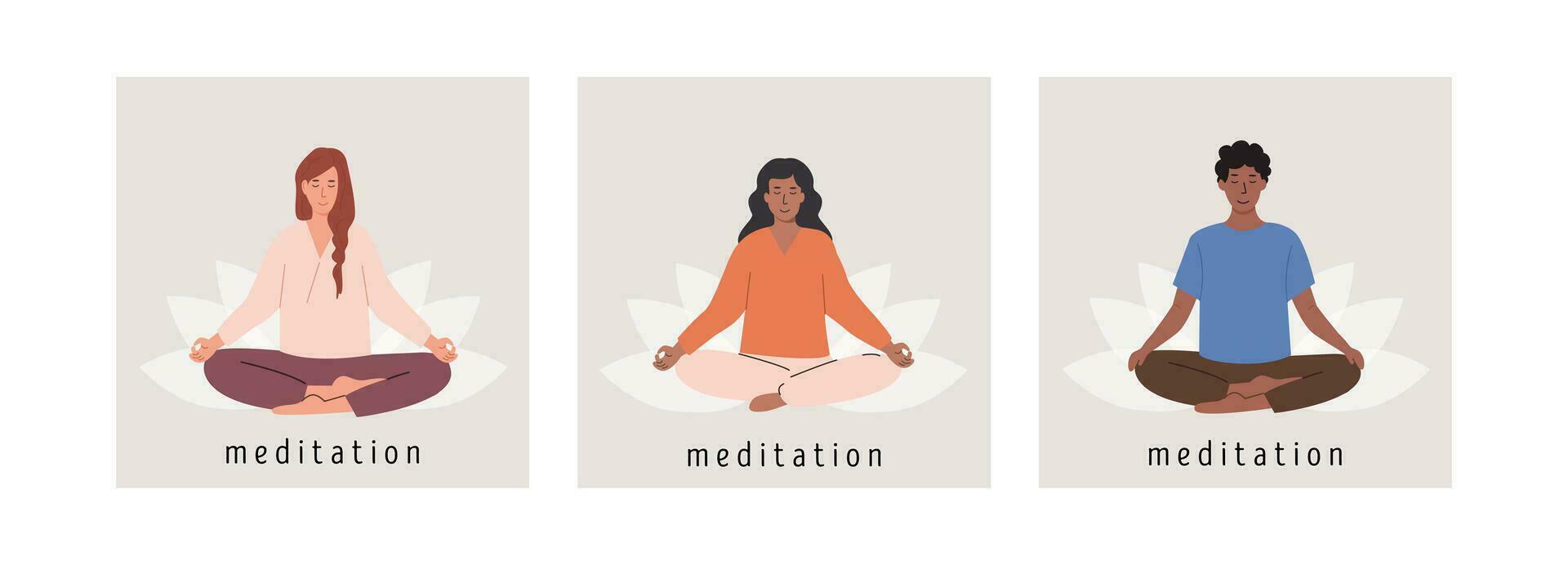 Set of square posters with diverse female and male people meditating on lotus flower and doing yoga breathing exercise. Woman and man practicing Pranayama. Card template with title Meditation. Vector. vector